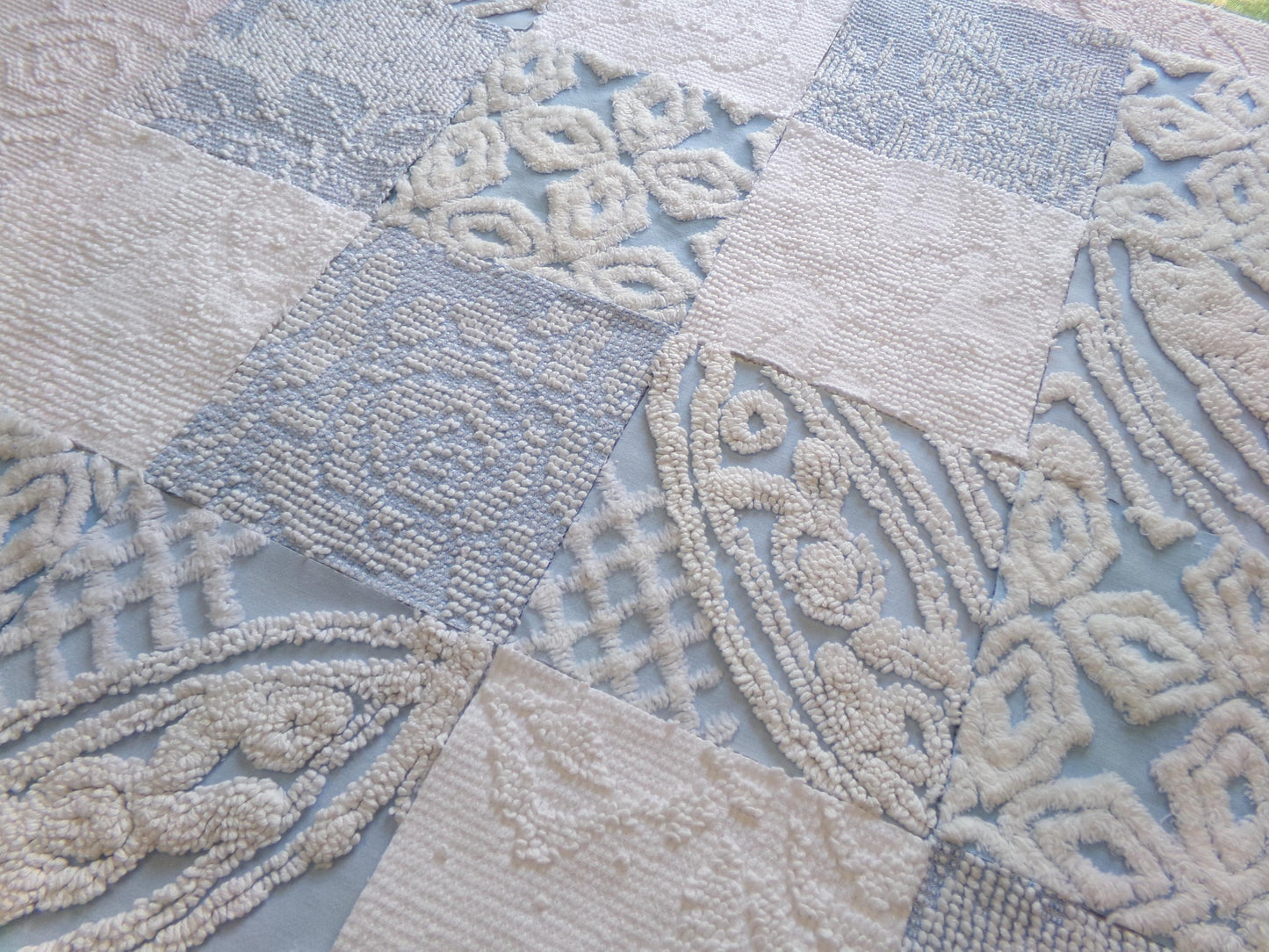seaside serenity vintage chenille fabric squares, set of 16 blue & white 6" blocks for crafts, sewing