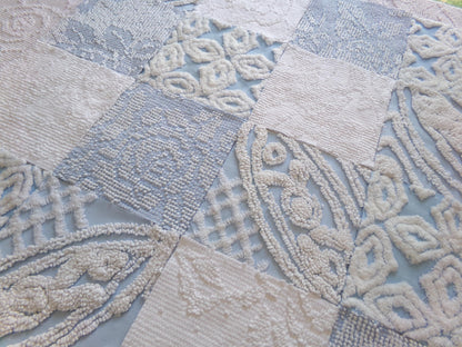 seaside serenity vintage chenille fabric squares, set of 16 blue & white 6" blocks for crafts, sewing