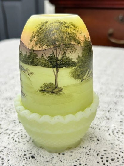 Vtg Fenton Fairy Lamp Satin Custard Glass Hand Painted Water Mill Gloria Finn