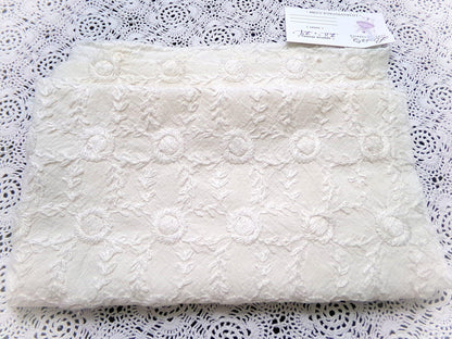 Ivory Embroidered Vintage Fabric Piece 20x24" Candlewick Style Lattice Daisy Medallions