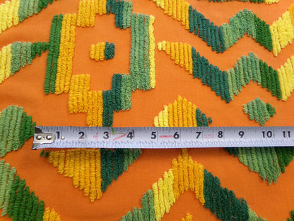ethnic boho Southwestern vintage chenille fabric, vivid Aztec design, 20" x 24" piece of orange cotton sewing material for pillows, quilts