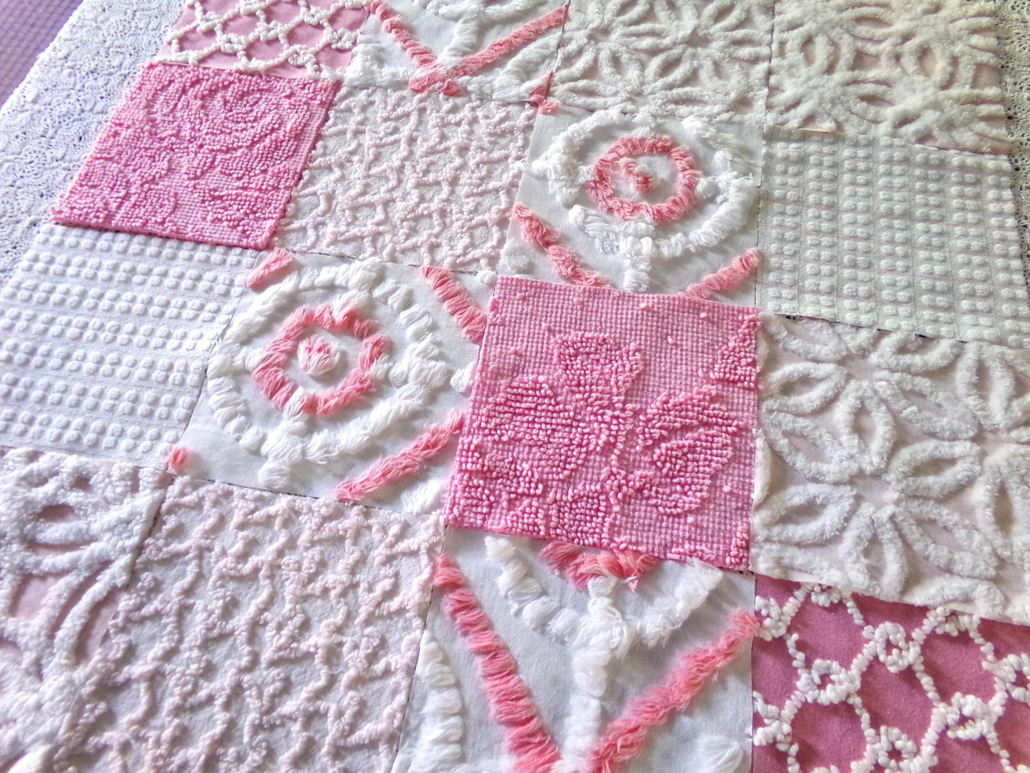 cottage pink & white chenille fabric squares, 16 pretty vintage 6" quilt blocks in girly colors, daisies, dots, squiggle textures