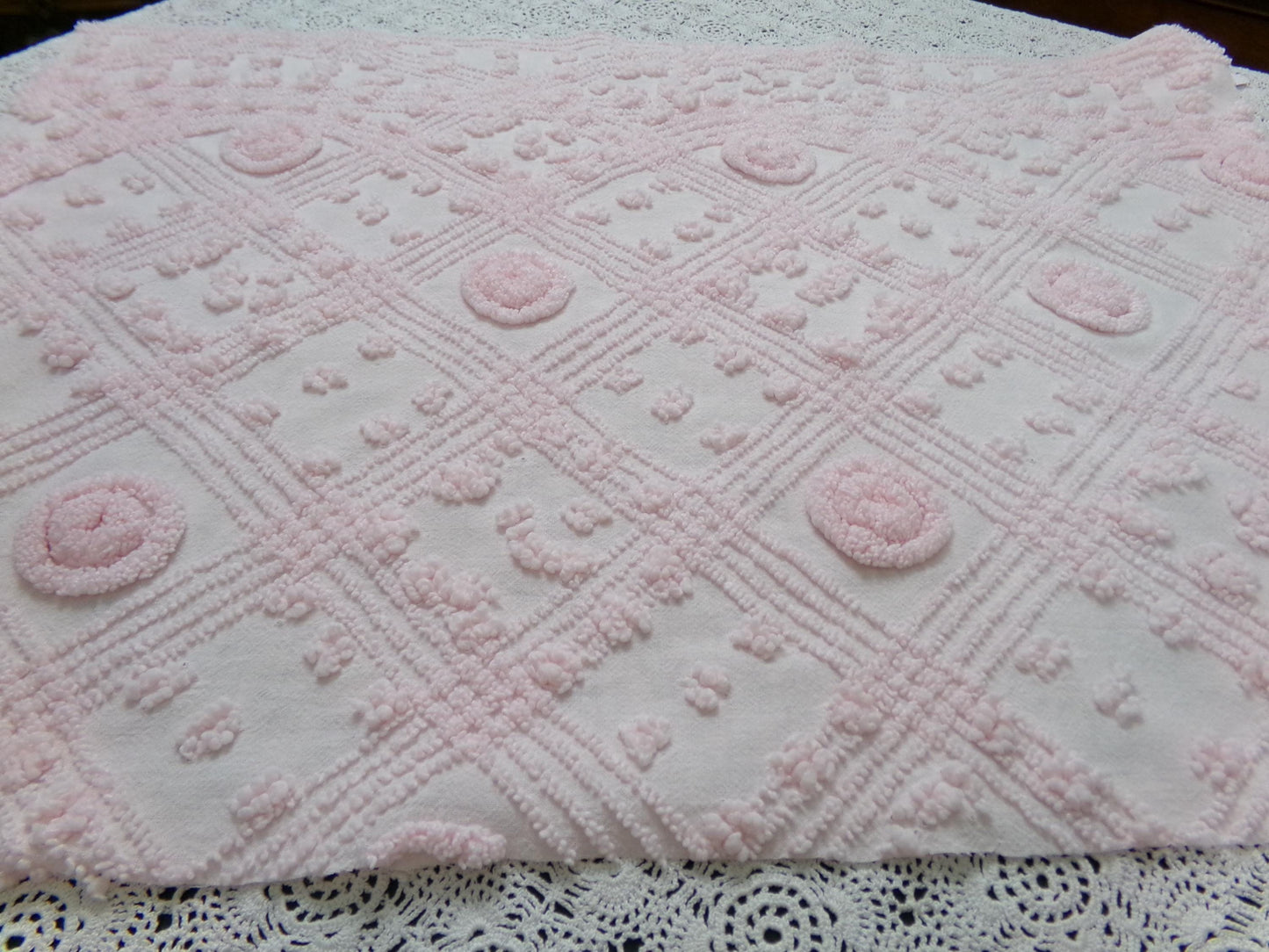 Dreamy Pink Vintage Chenille Fabric Donut Dots Sewing Material 18" x 24"