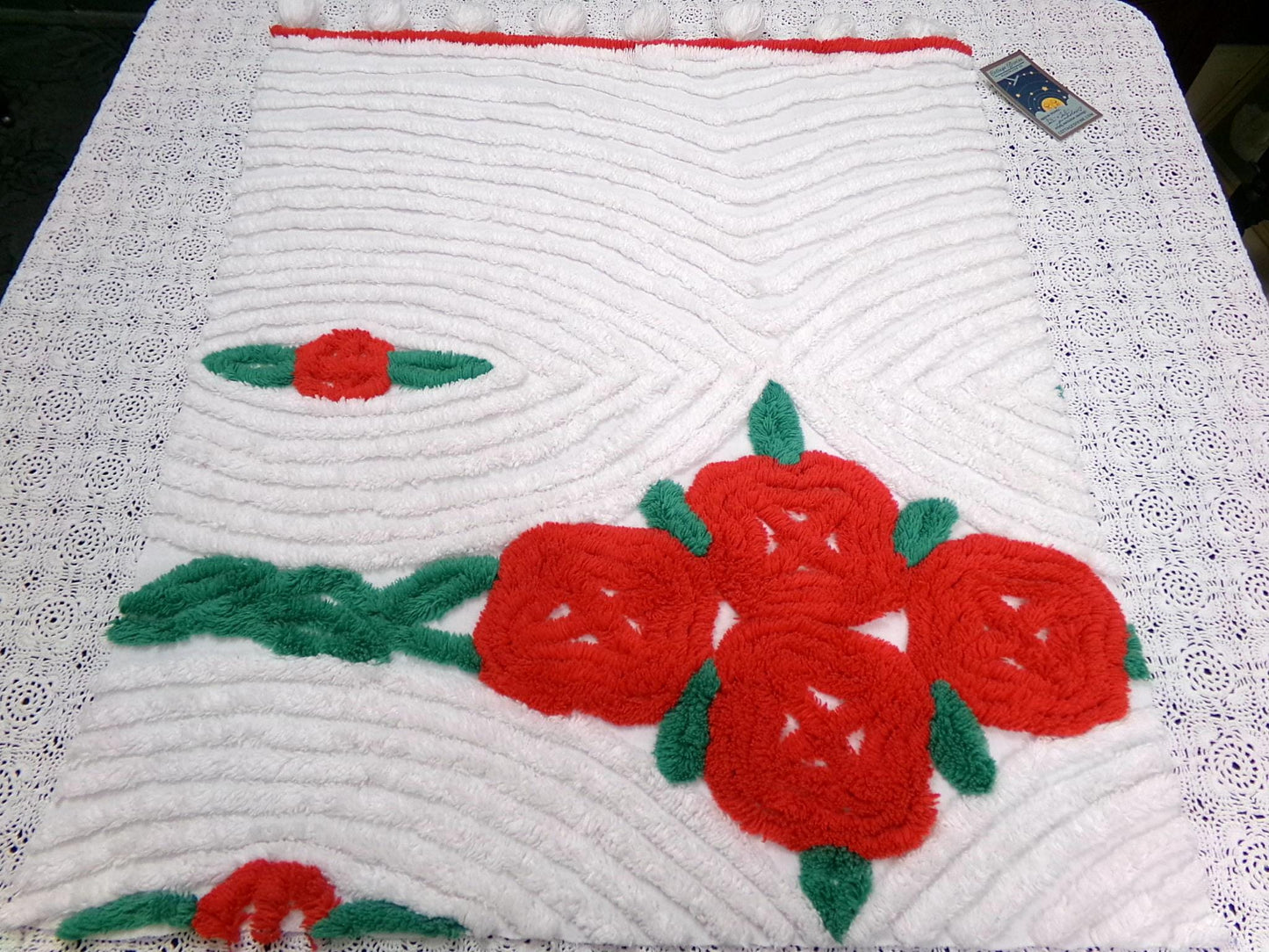 Shabby Cabbage Roses Vintage Chenille Bedspread Fabric, Plush Red Floral 20x24"