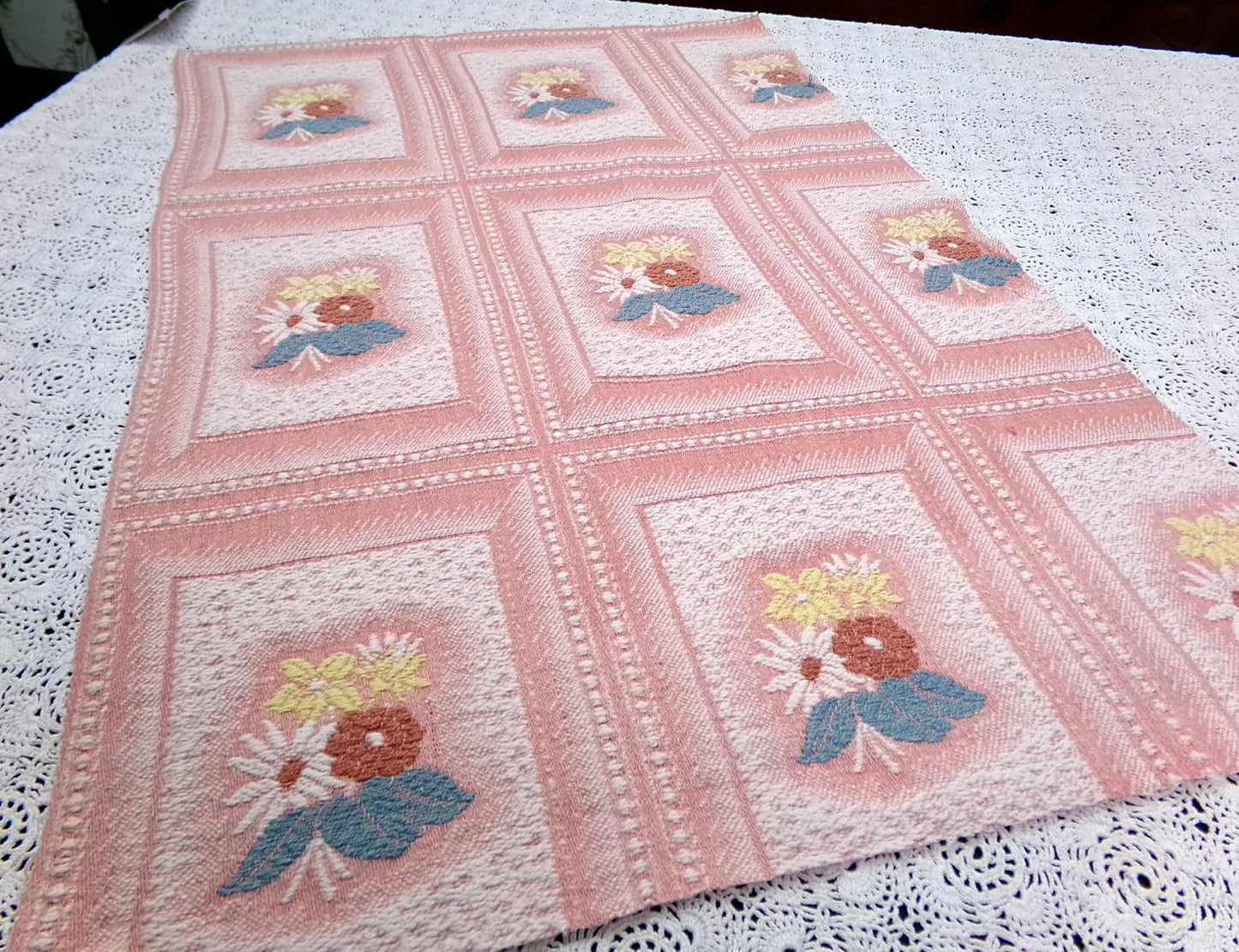 Vintage Pink Floral Fabric, Cotton Woven Cottage Windowpane Design 16.5x23"