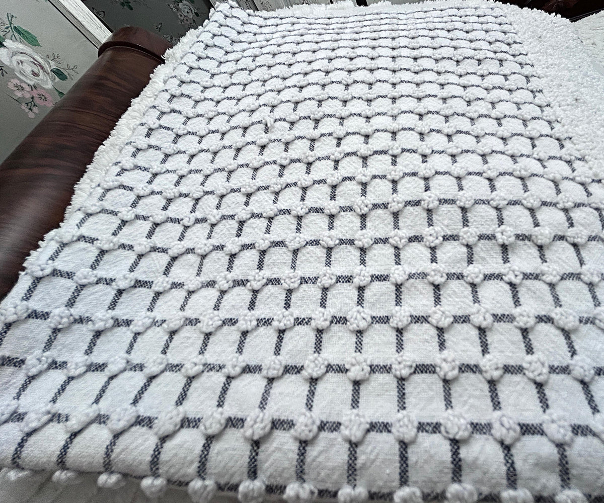 Black & White Vintage Chenille Fabric, Micro Grid Pops, Shaggy Edge Trim 20x20"