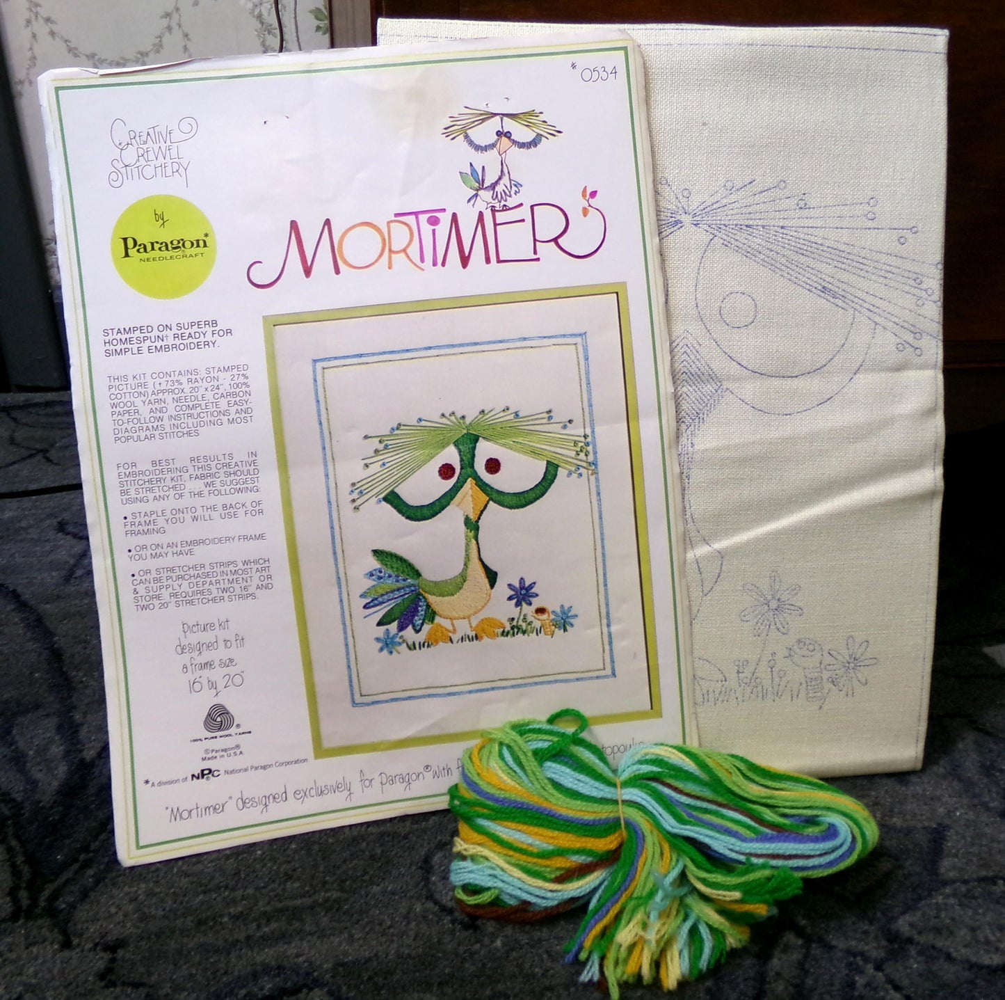 MORTIMER Bird Crewel Embroidery Kit, Rare Vintage Paragon Needlecraft 0534, Kitschy Cute Dino Kotopoulis Design