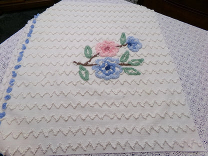 Vtg Chenille Bedspread Fabric Floral Seersucker Zig Zag 24x28" Sewing Material