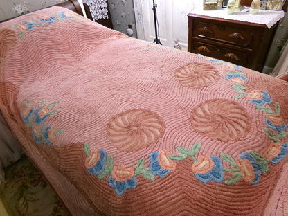 luscious plush vintage chenille bedspread in a pinwheel peach swirl floral design, antique full size bedding