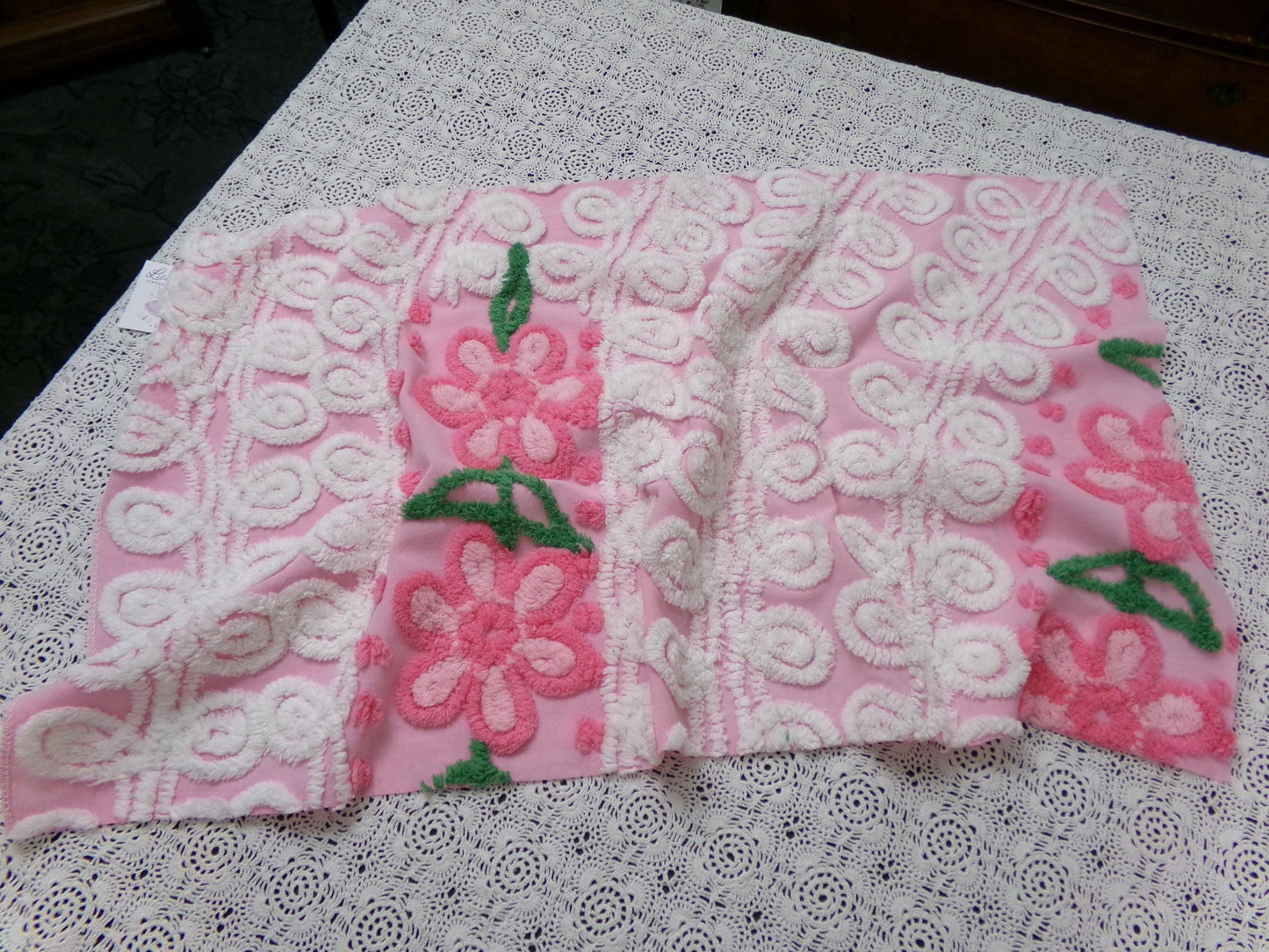 Peeking Pink Flowers Vintage Chenille Bedspread Fabric, 15" x 26" piece
