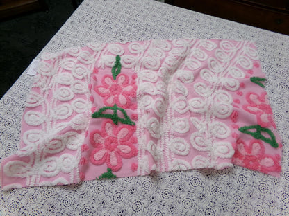 Peeking Pink Flowers Vintage Chenille Bedspread Fabric, 15" x 26" piece
