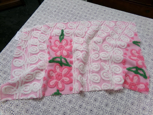 Peeking Pink Flowers Vintage Chenille Bedspread Fabric, 15" x 26" piece