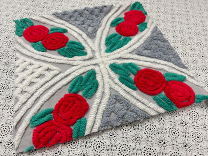 Red Rose Vintage Chenille Fabric, Dove Grey & White 15x28" Craft Piece