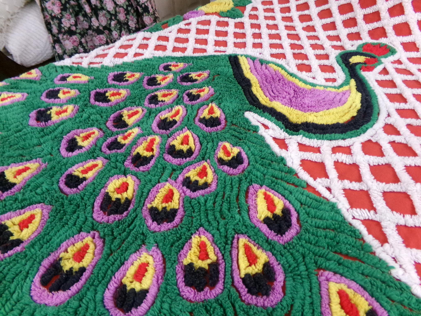 Vintage Chenille Bedspread Sprawling Red Peacock, Green Feathers & White Lattice, Full