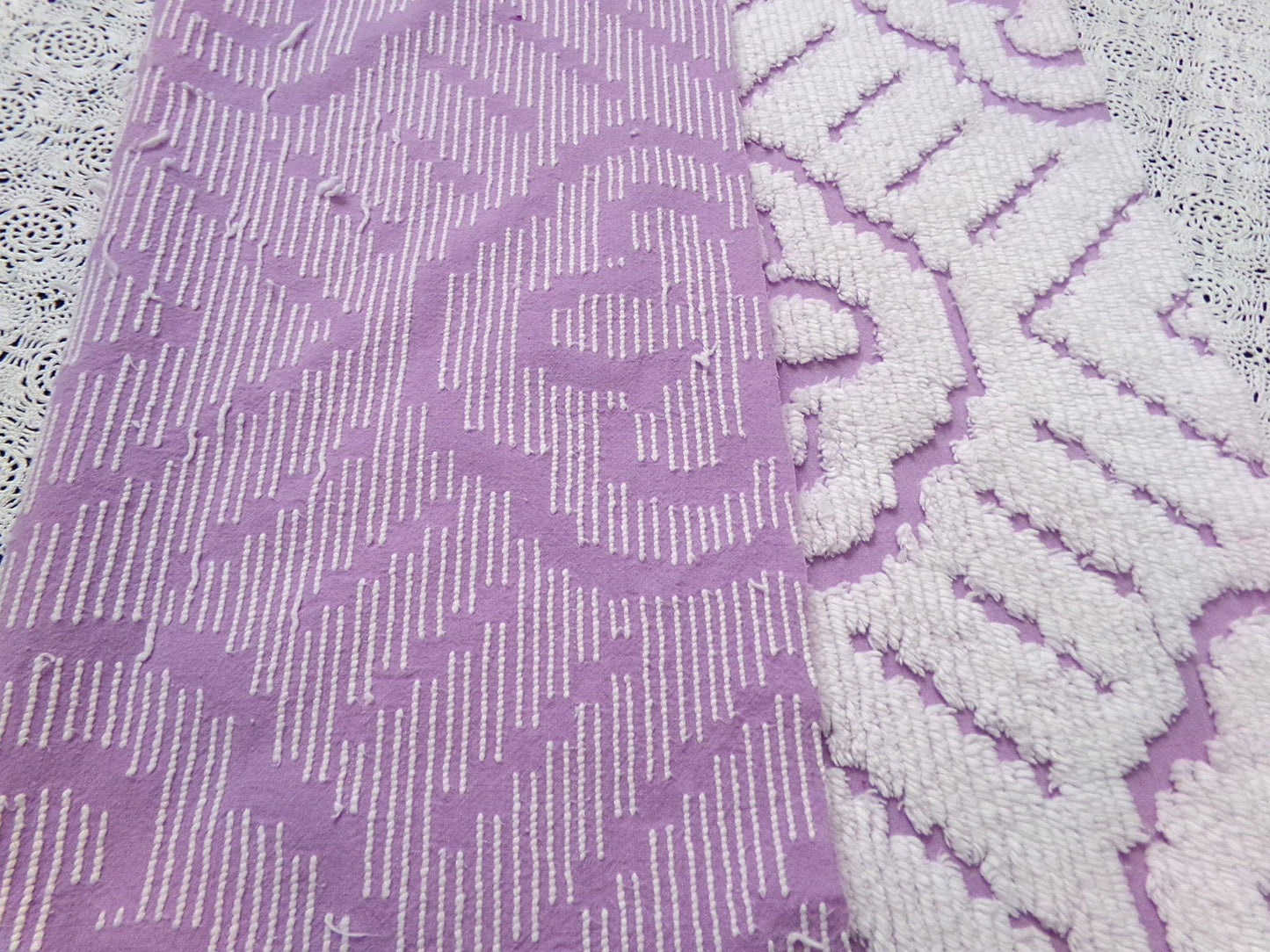 Lavender White Vintage Chenille Fabric Piece 25x26" Daisy Diamond Geometric