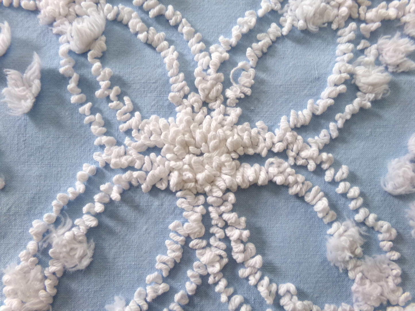 shabby beach chic vintage chenille fabric, 19" x 21" piece w/ snow white pops & links on sky blue cotton