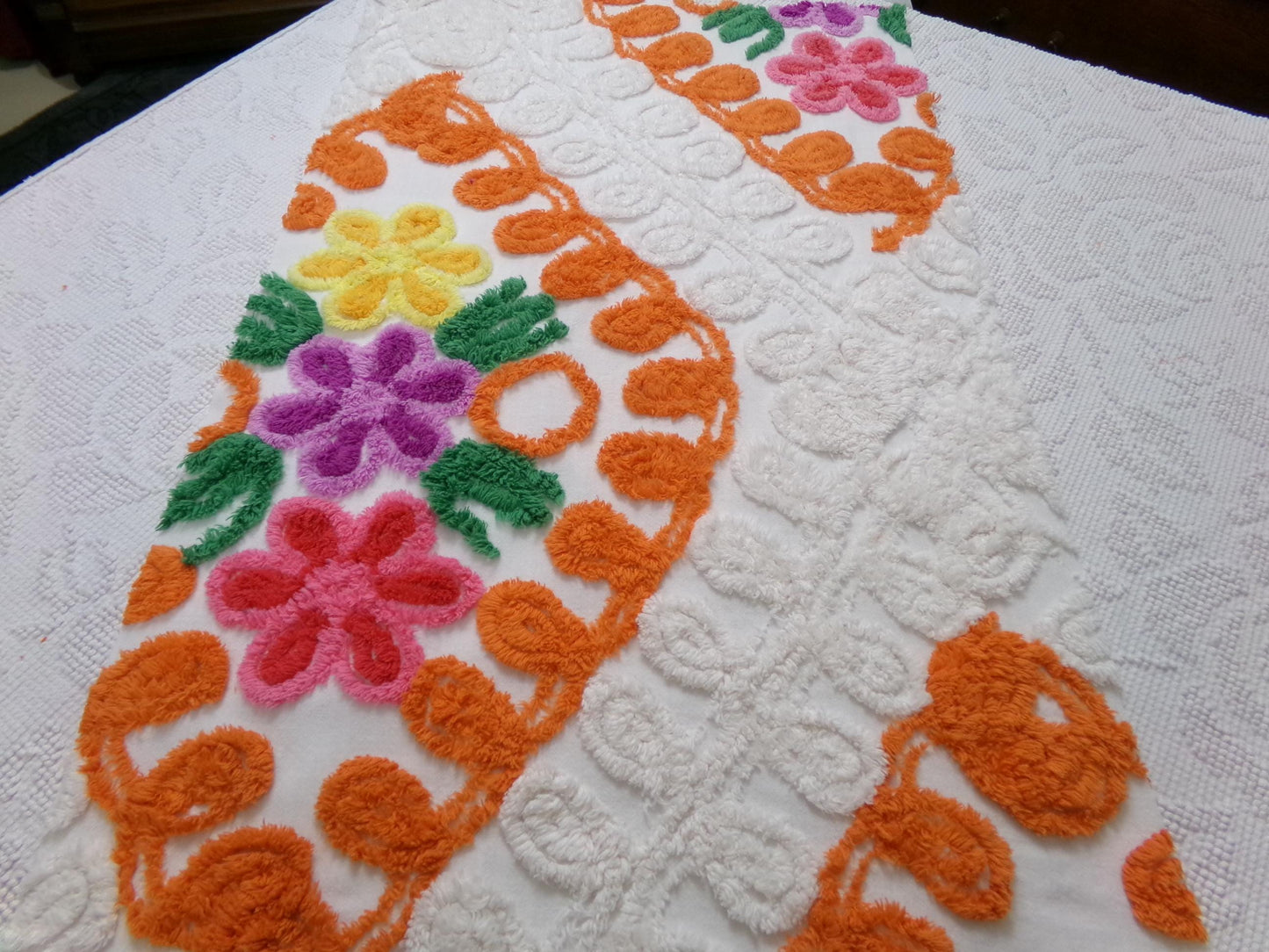 citrus floral vintage chenille bedspread fabric, orange & white quilt material, 16" x 25"