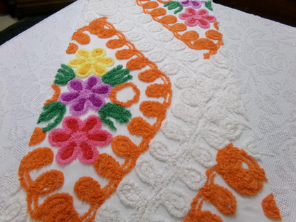 citrus floral vintage chenille bedspread fabric, orange & white quilt material, 16" x 25"