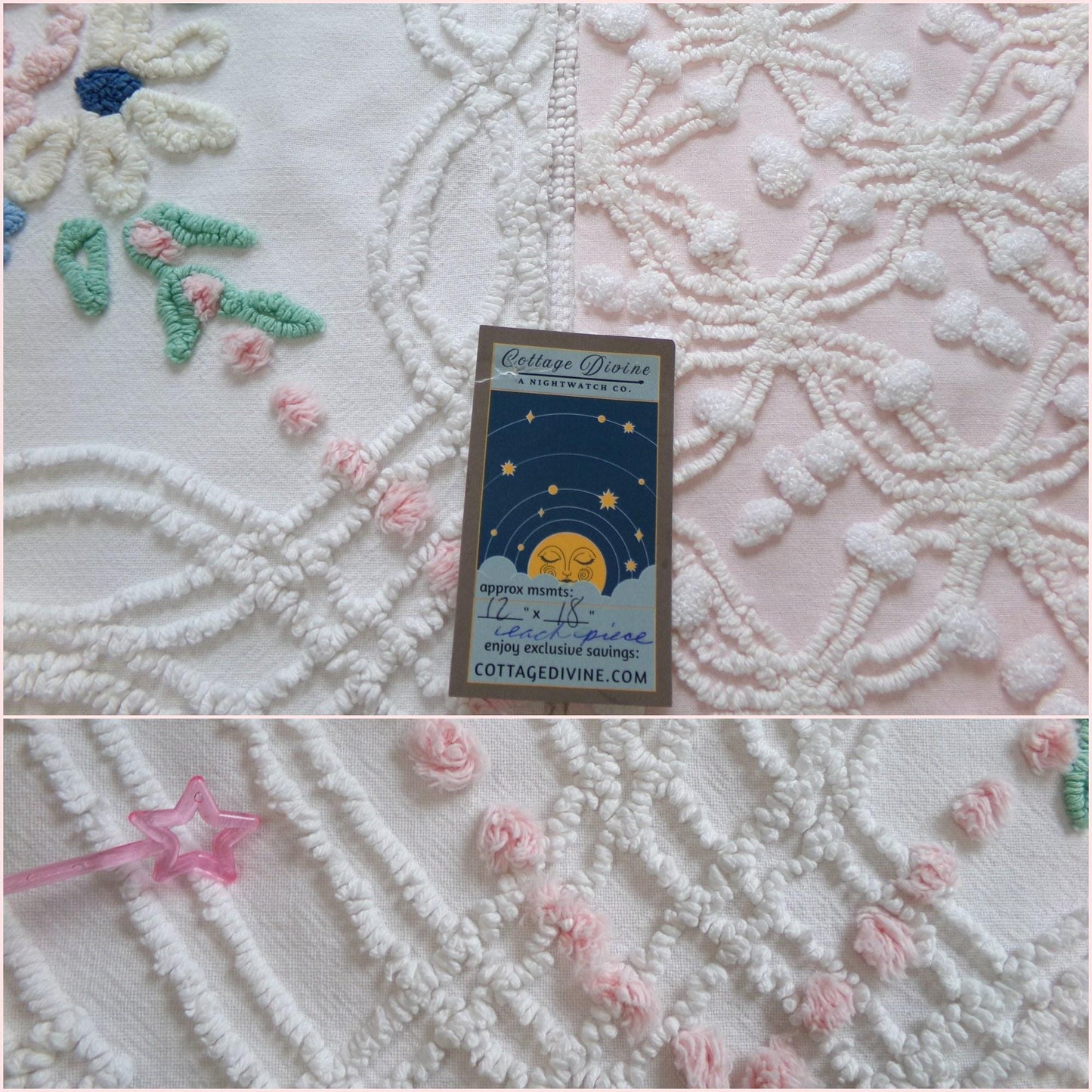 Floral Pink Vintage Chenille Fabric Bundle for Sewing, Quilting in Popular Cottage Style Patterns | 2 Pieces 12" x 18" each