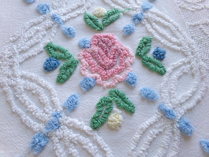 favorite cottage style vintage chenille fabric, pink roses & blue dots, 20" x 27" piece of white sewing material for quilting and crafts