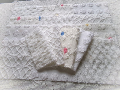 winter whimsy white chenille fabric squares, 16 vintage 6" x 6" quilt blocks, pops, webbed, diamond lattice & daisies for sewing, crafts