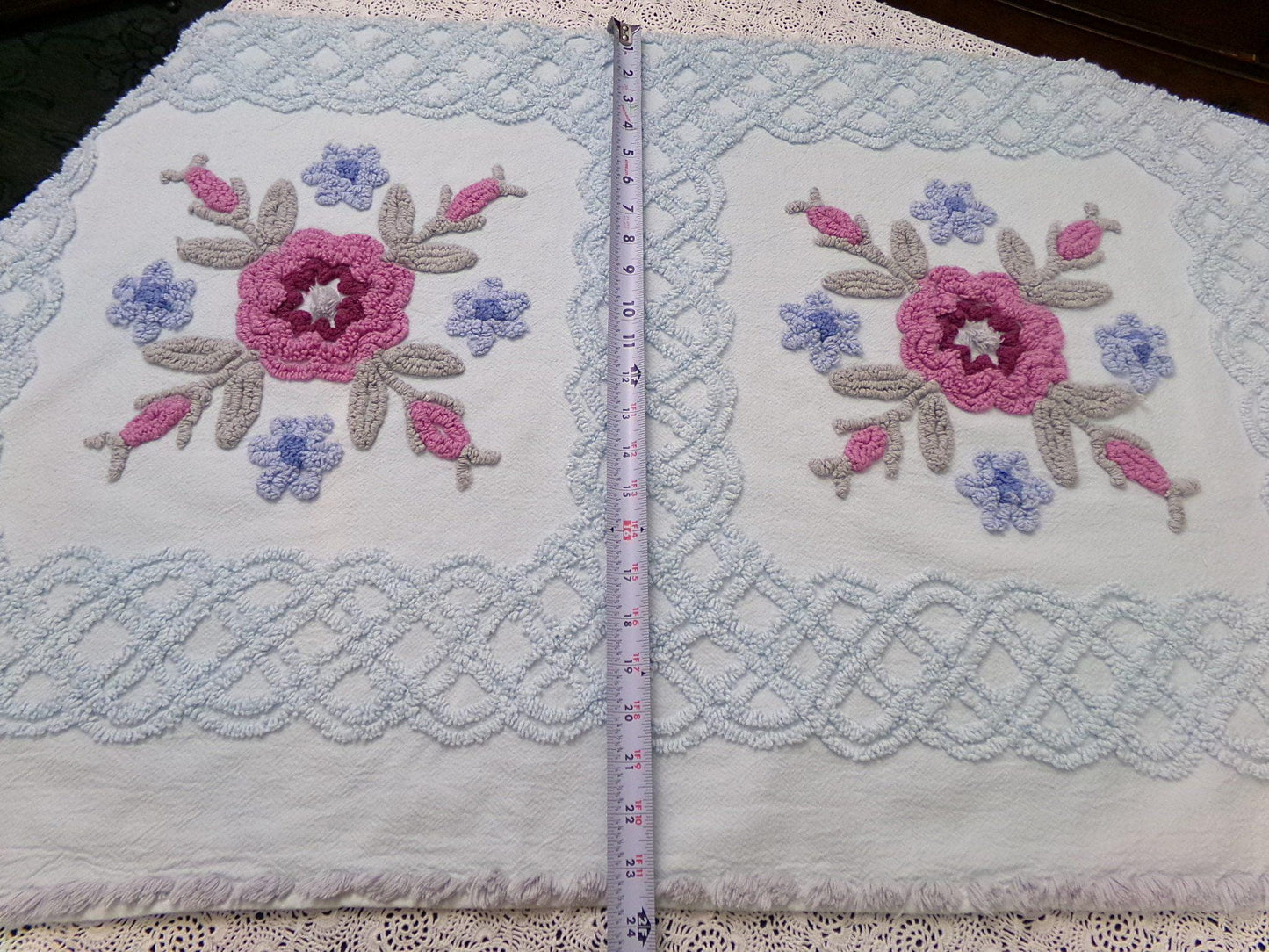Ice Blue Vintage Chenille Fabric Double Tufted Rose Medallion Floral Lattice 23x36"