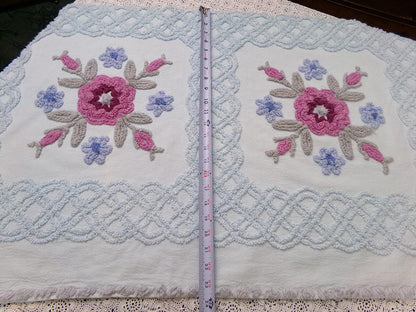 Ice Blue Vintage Chenille Fabric Double Tufted Rose Medallion Floral Lattice 23x36"