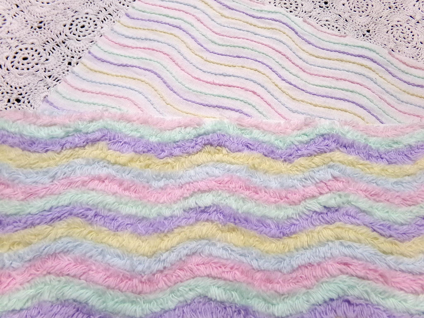 Vintage Pastel Rainbow Chenille Fabric Piece, Ripple Wave Stripes, 12x28" Quilt Material