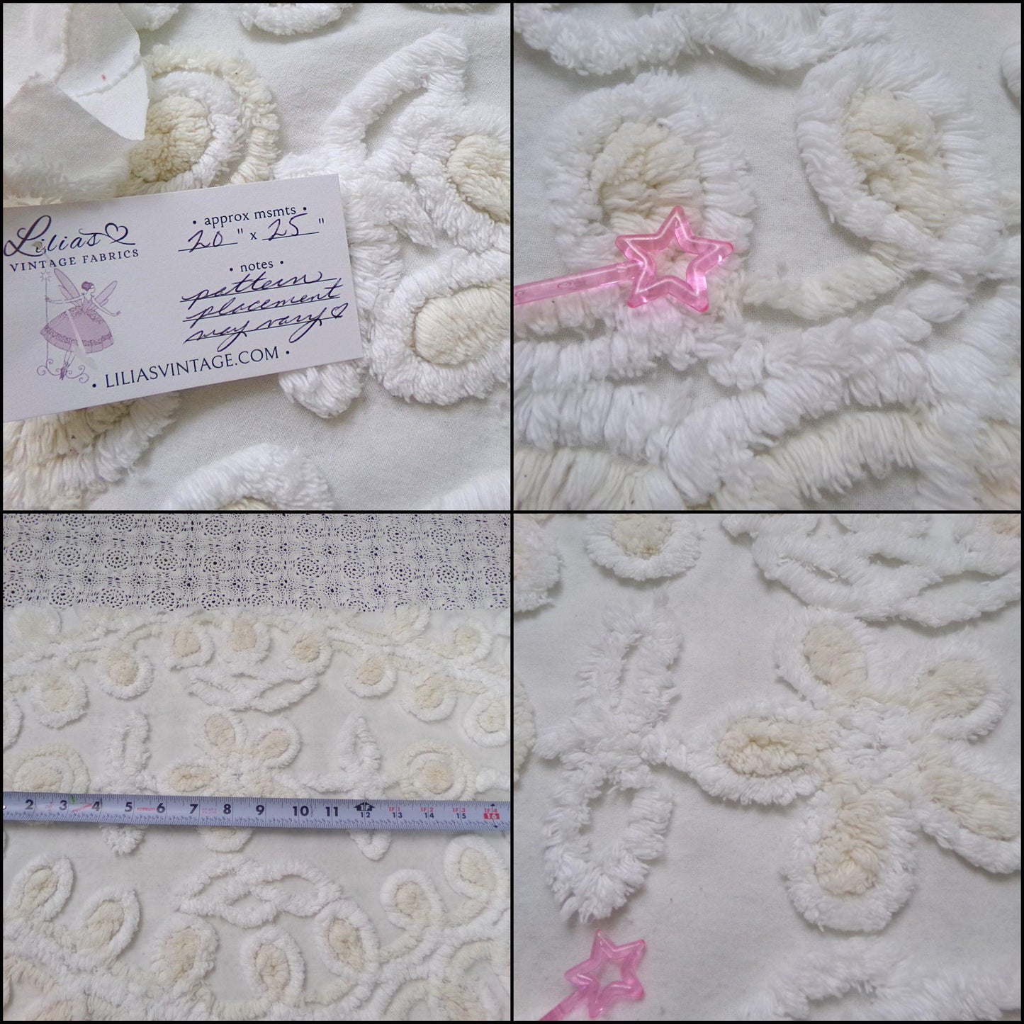 Vanilla Twist Vintage Chenille Fabric Piece 20x25" Floral Curlicue Craft Sewing Material