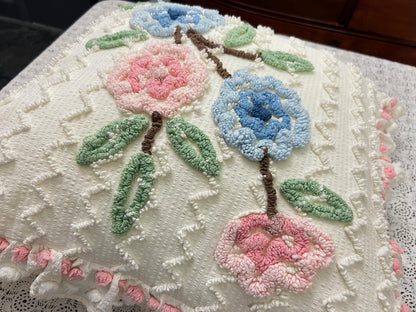Floral Ruffled Vintage Chenille Pillow Cover 18" Square Seersucker