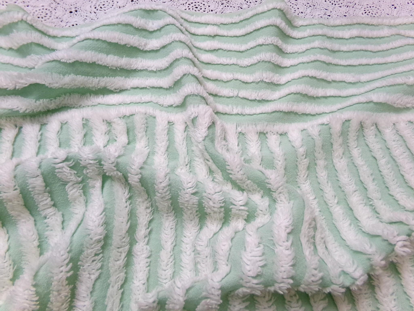 Vintage Mint Green Chenille Bedspread Fabric, White Multidirectional Stripe 24x21"