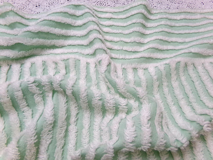 Vintage Mint Green Chenille Bedspread Fabric, White Multidirectional Stripe 24x21"