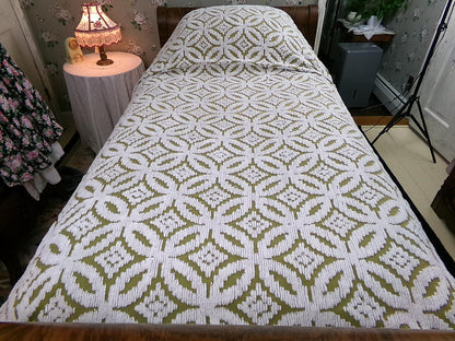 Boho Vintage Chenille Bedspread, Full Size Olive Green White Tufted Geometric Design