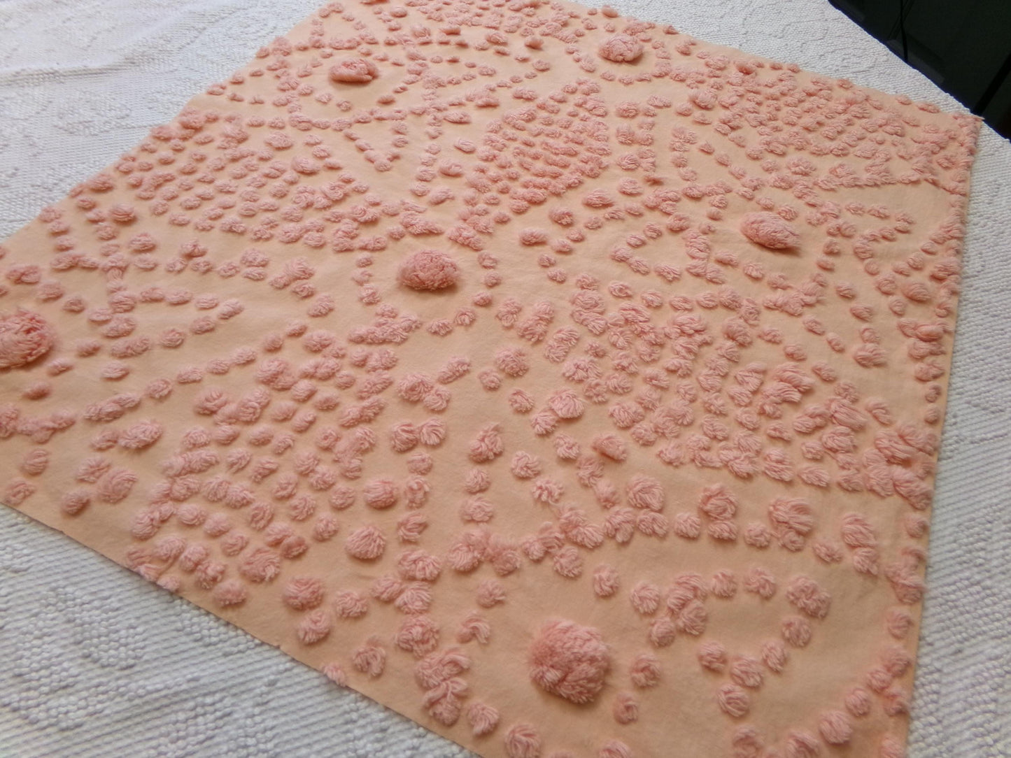 cosmic sunrise vintage chenille fabric, handtufted sun pops, 20" x 23" piece of peach antique sewing & quilt material