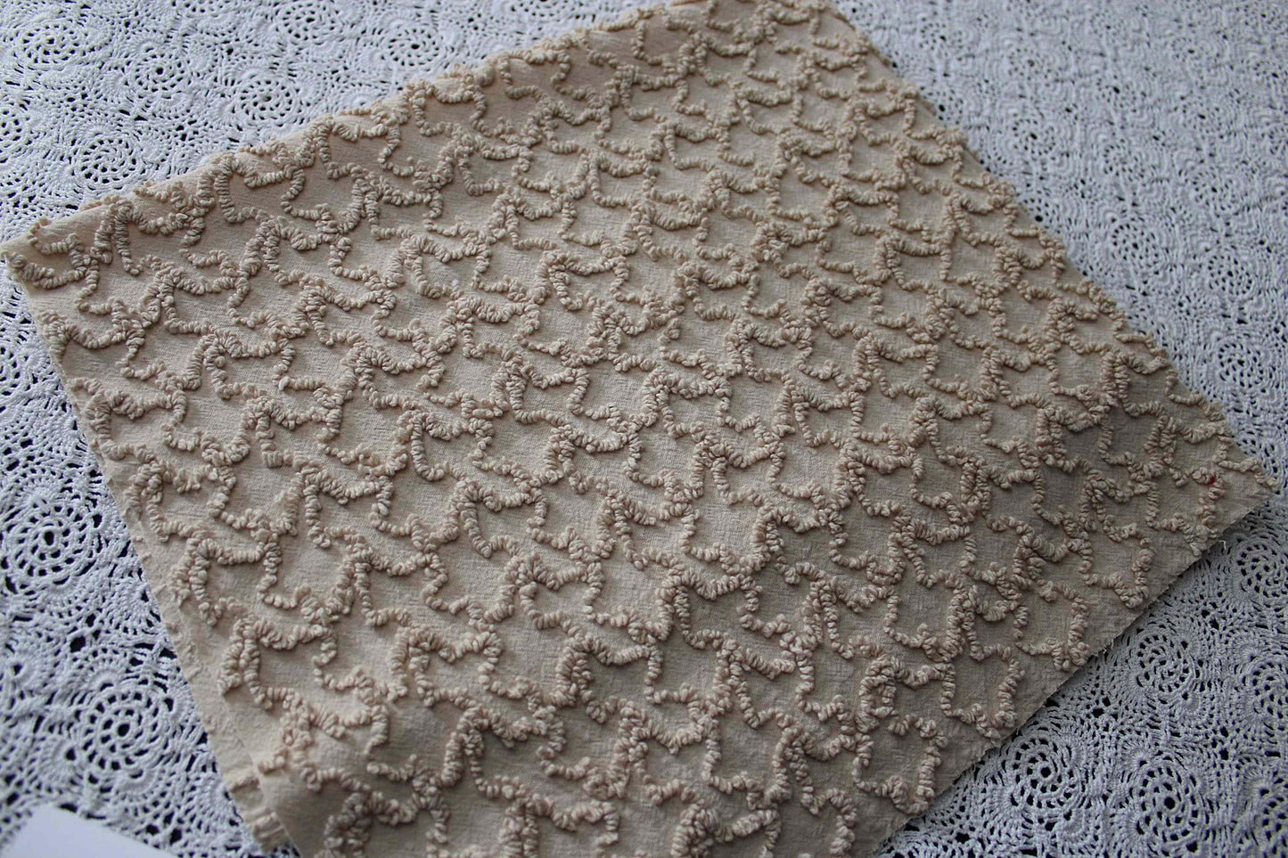 neutral vintage chenille fabric, sandy mocha texturized squiggles, 20" x 24" inch piece, 100% lightweight cotton