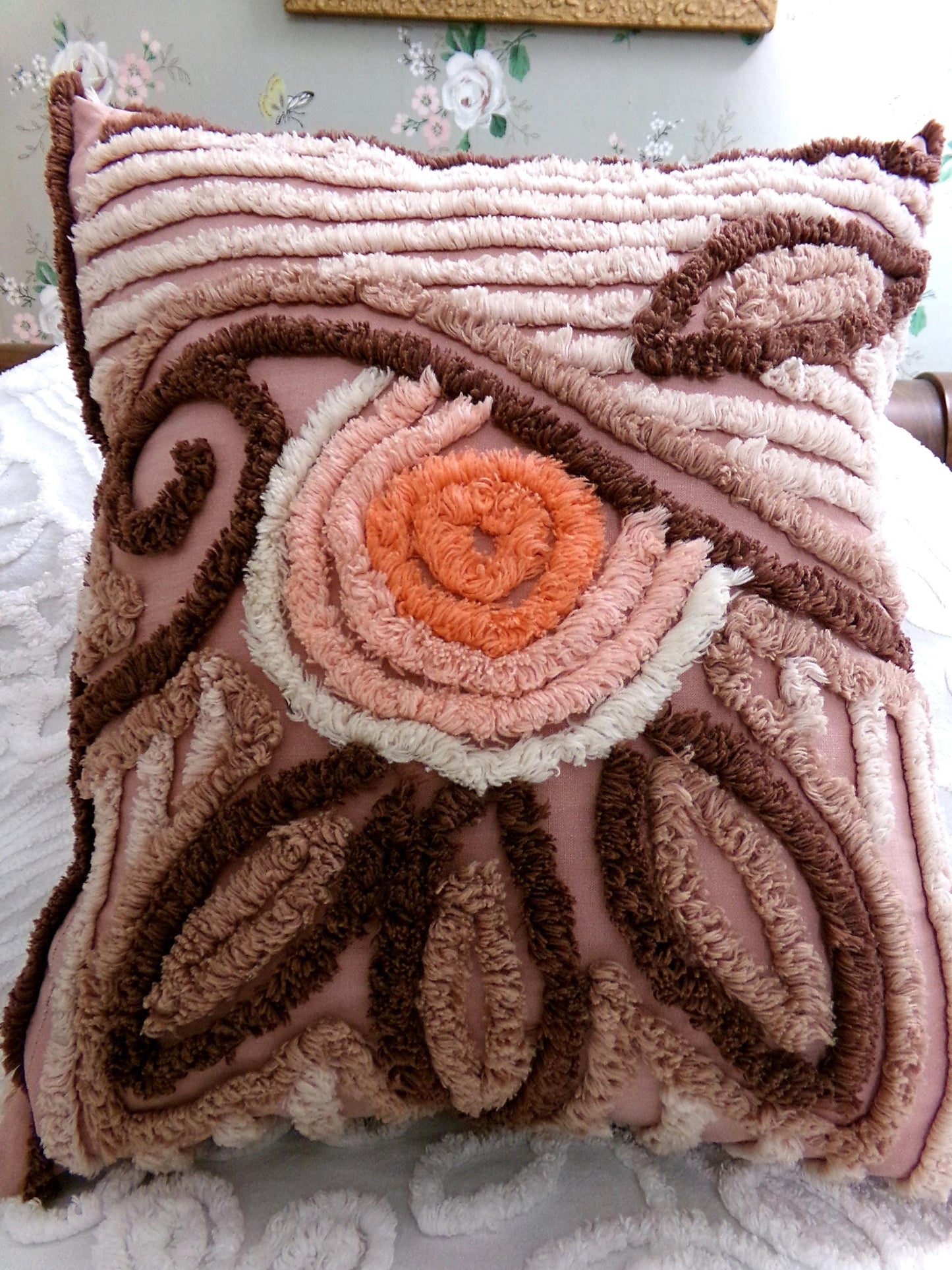 Sunset Rose Boho Vintage Chenille Pillow Cover & Insert, 13" x 14" inches, Handmade Decorative Accent Pillow, Hippie Home Decor