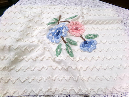 Vintage Chenille Fabric, Tufted Floral Bouquet on Cotton Seersucker, 19x26"