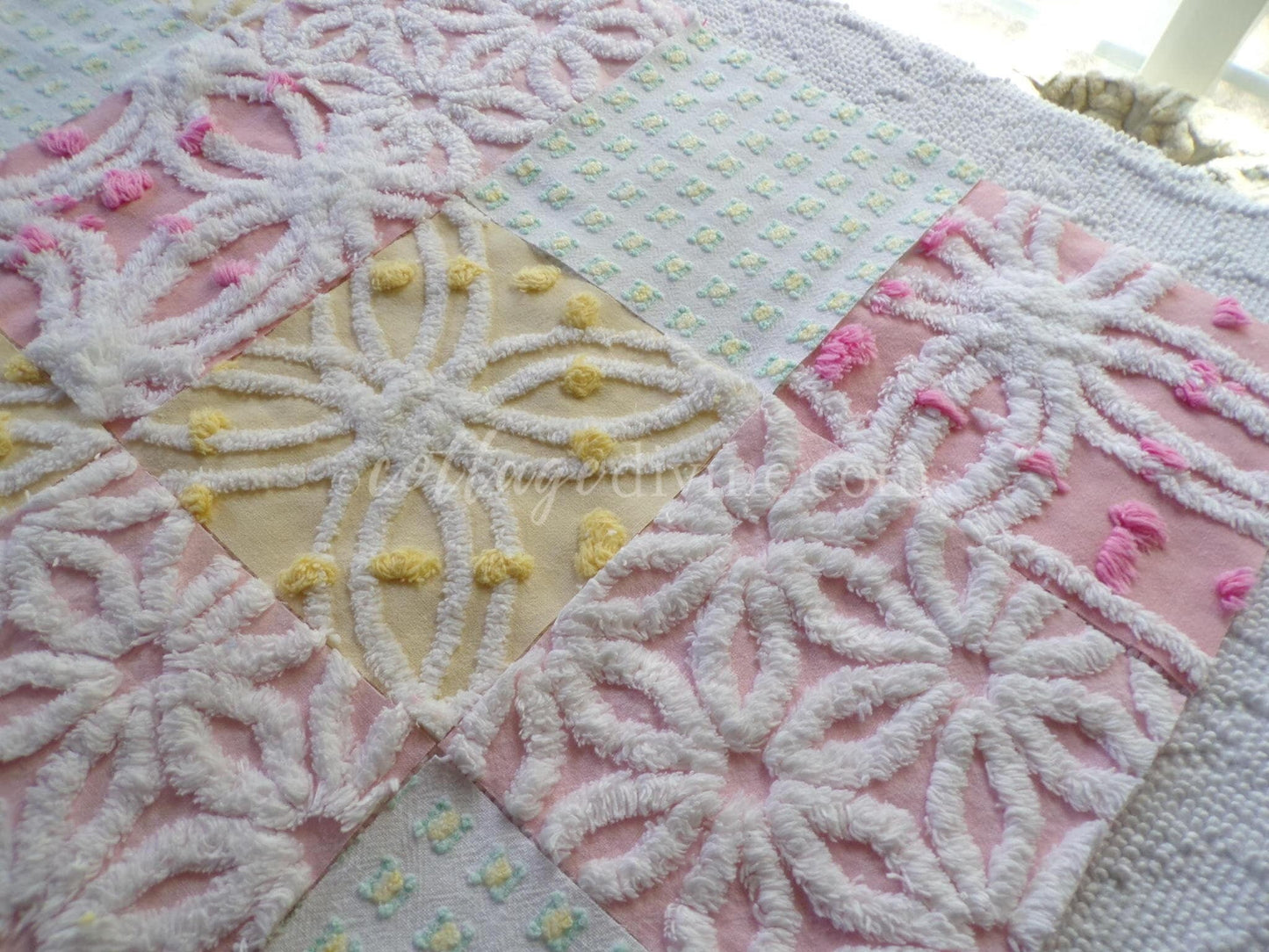 Vintage Chenille Fabric Squares: Springtime Pink & Yellow Set of 16 Quilt Blocks, 6" each