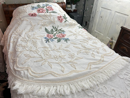 Heirloom Rose Vintage Chenille Bedspread Cream Ivory Vines Cabin Crafts Full Sz