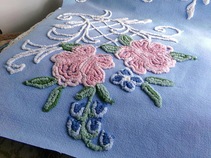 divine pink rose vintage chenille fabric, 17.5" x 32" inch piece, White Trellis & Scrollwork on Sky Blue Cotton, for Quilts, Pillows