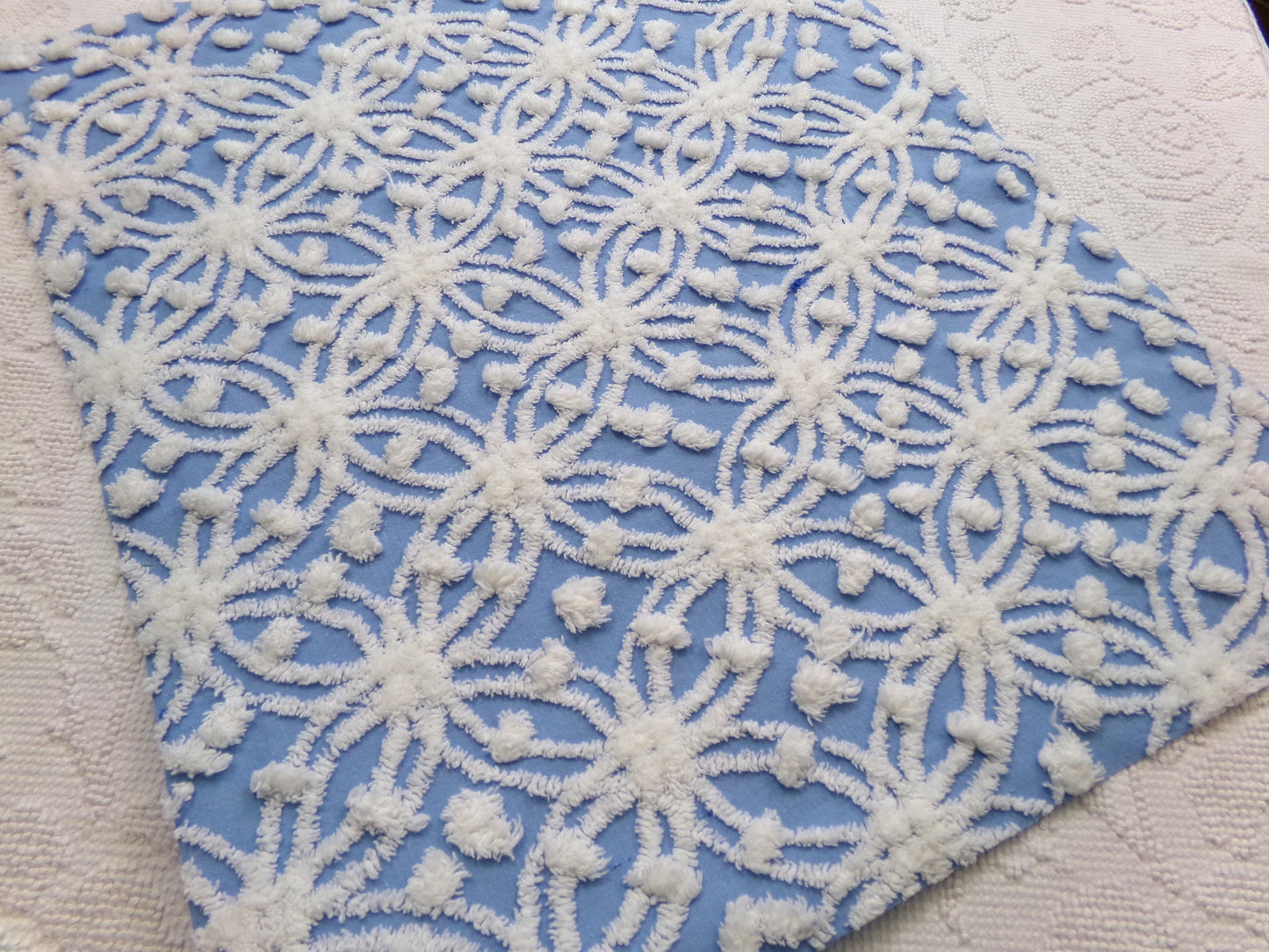 Blue & White Vintage Chenille Fabric Dimensional Snowflake Dots Quilting Craft Supply, 20" x 24"
