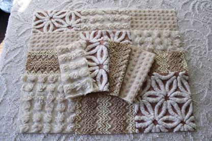 creamy vanilla mocha chenille fabric squares, set of 16 vintage quilt blocks 6" inches ea, daisy, squiggle, puffy pop texture