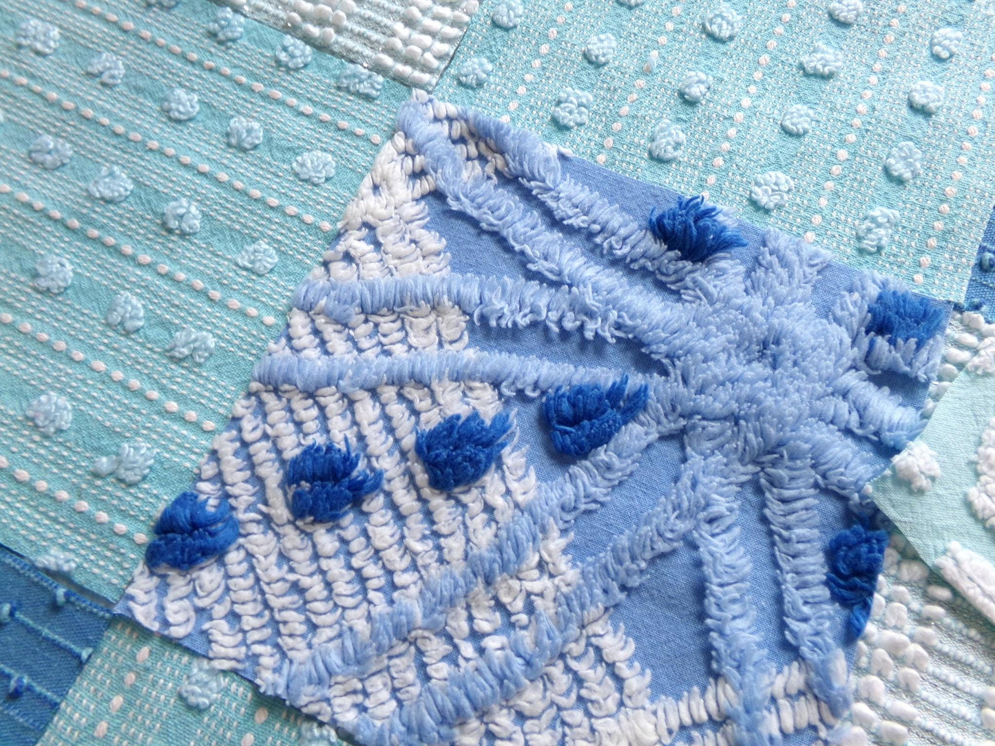 coastal fresh vintage chenille fabric squares, set of 17 blue & aqua 6" quilt blocks for sewing