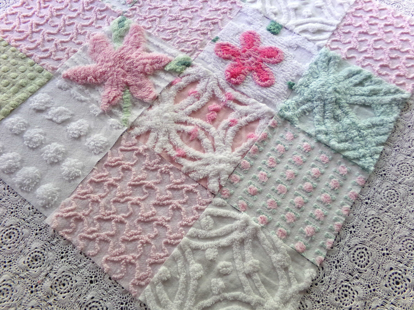 chenille 6" fabric squares, set of 16 vintage quilt blocks in joyful springtime colors of pink, green & white floral and geometric