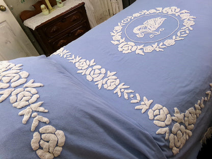 Angel Vintage Chenille Bedspread, Grecian Goddess Figure, Wedgwood Blue & White FULL