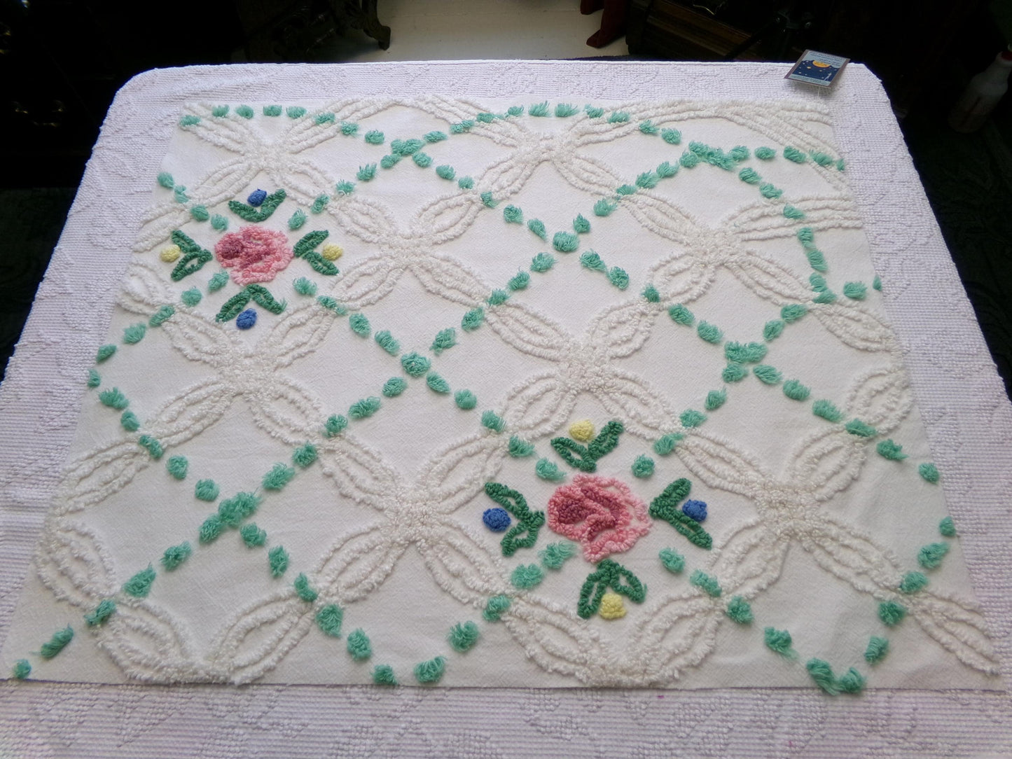vintage chenille bedspread fabric cottage style pink rose jade green pops 26x22"