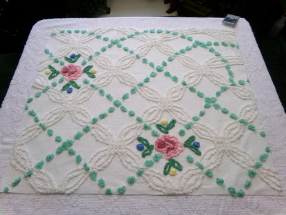 vintage chenille bedspread fabric cottage style pink rose jade green pops 26x22"
