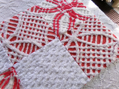 vintage chenille fabric squares, set of 8 red & white 7.5" vintage quilt blocks for sewing, Christmas crafts, quilting