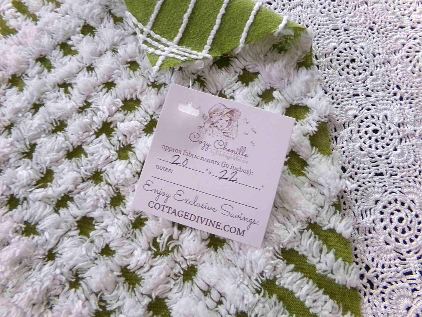 Boho Olive Army Green Vintage Chenille Fabric, 22" x 20" inch Piece, Retro 1970s Hippie Vibes