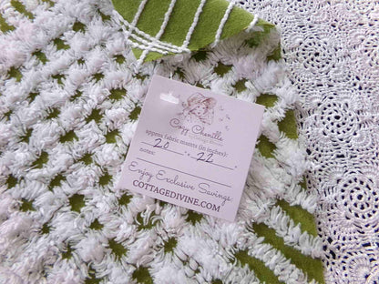 Boho Olive Army Green Vintage Chenille Fabric, 22" x 20" inch Piece, Retro 1970s Hippie Vibes